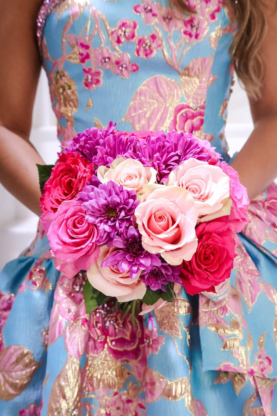 Blue and pink floral brocade dress detail