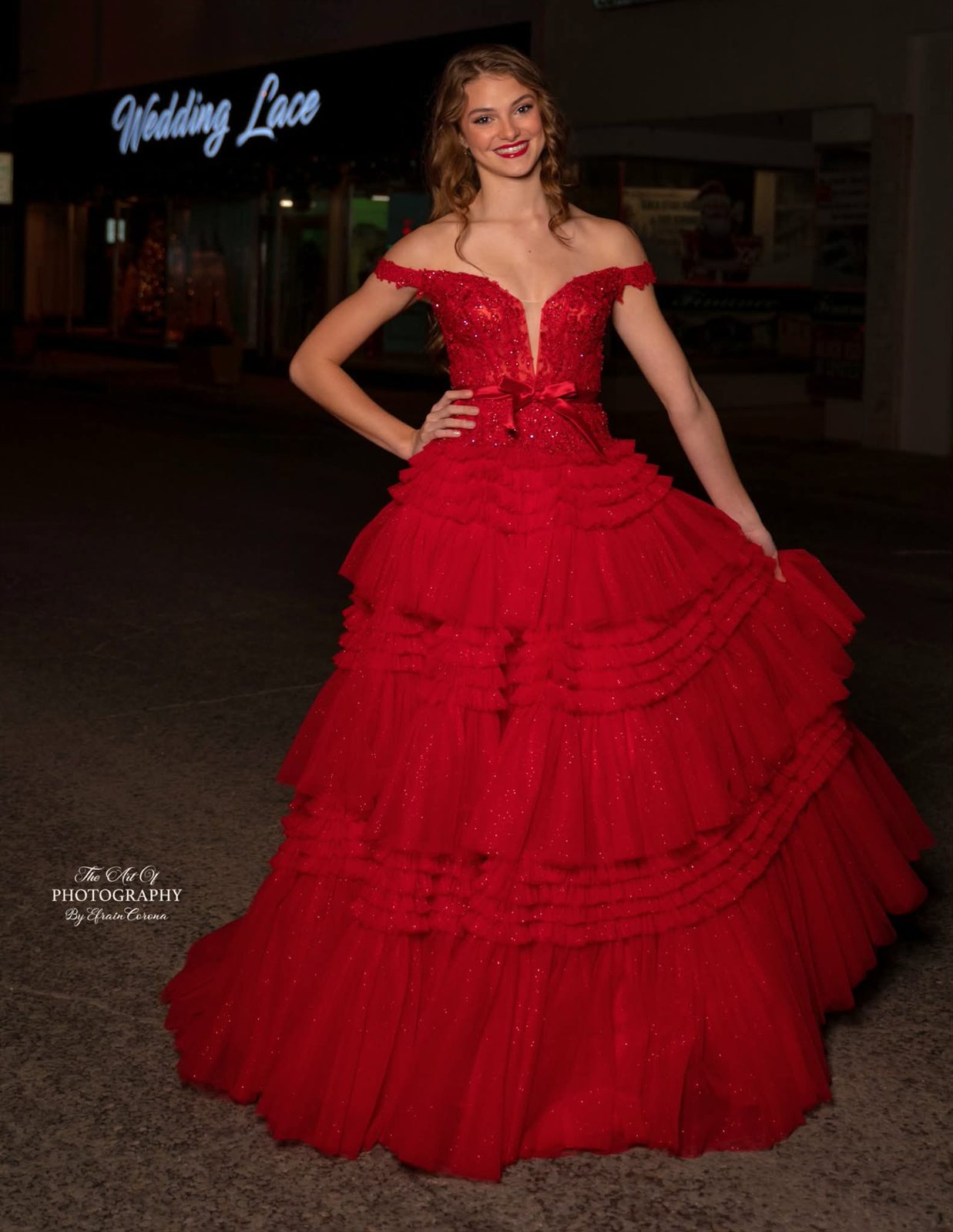 Red off-shoulder tiered tulle quinceañera ballgown