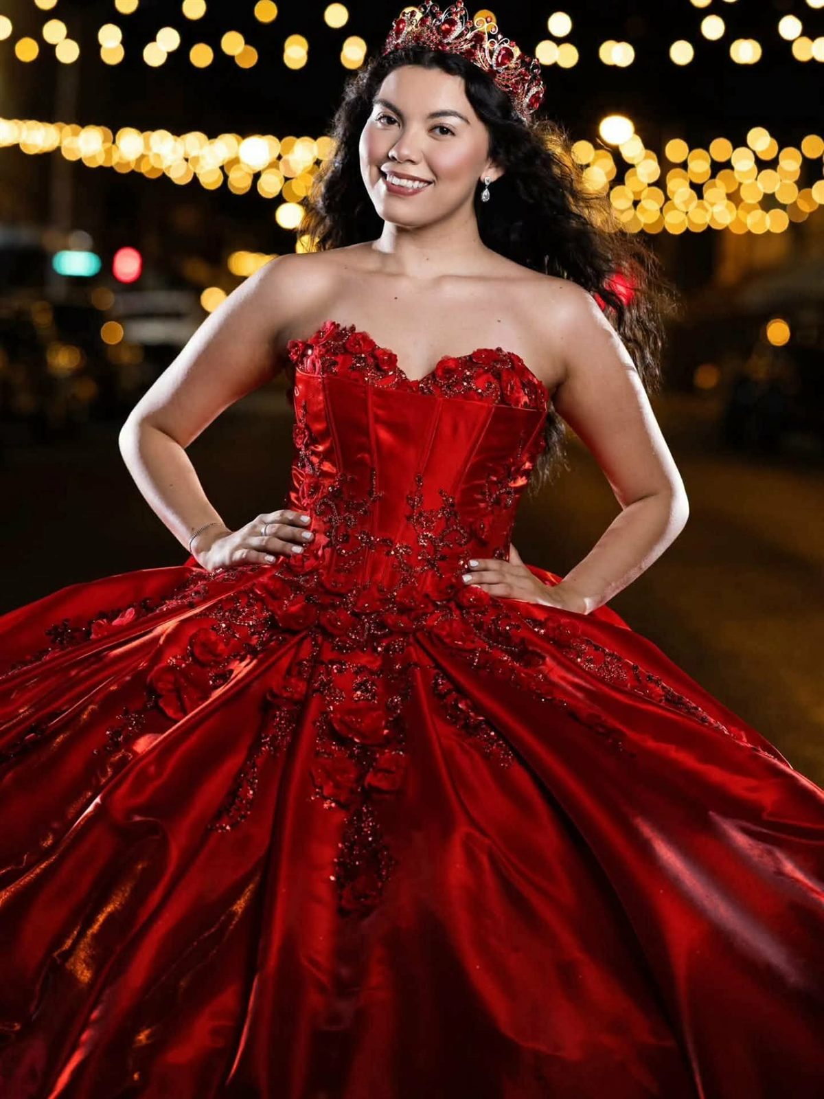 Red beaded quinceañera ballgown with tiara, close detail